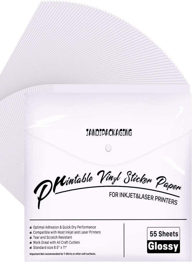 JANDJPACKAGING Premium Printable Vinyl Sticker Paper - for Inkjet and Laser Printer - 55 Pack Glossy White Waterproof Inkjet Printable Vinyl - 140 g Dries Quickly and Holds Ink Beautifully - Image 1